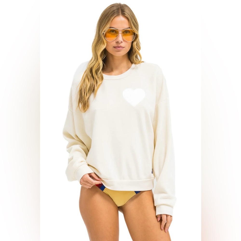 AVITOR NATION GLITTER HEART RELAXED CREW SWEATSHIRT - VINTAGE WHITE // SILVER